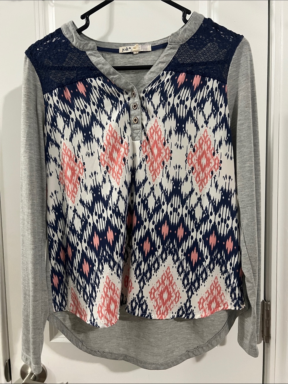 Jolt Grey Long-Sleeve Henley with Navy & Pink Ikat Panel